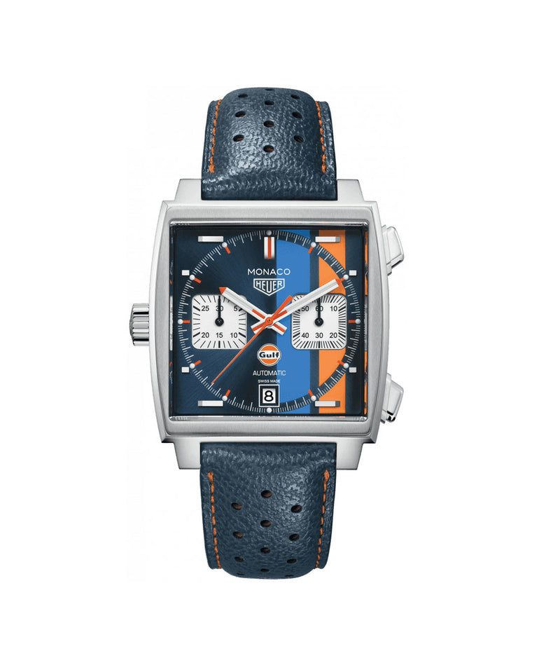 TAG Heuer Monaco Automatic GULF Edition Chronograph 39mm Steel And Leather Watch CAW211R.FC6401 - Vincent Watch